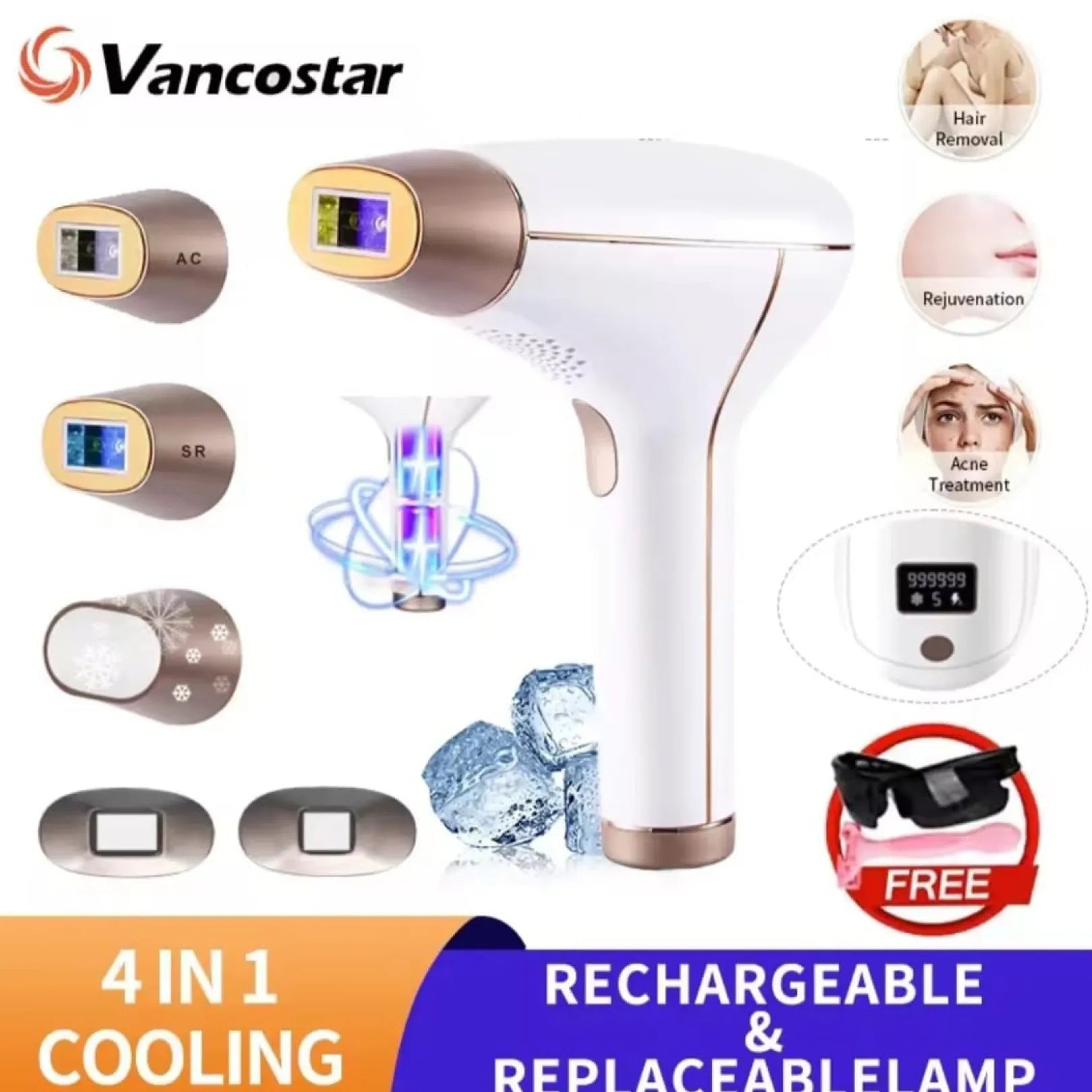 Vancostar Wireless IPL Laser Hair Removal machine Quartz Lamp with 9 Lac Shots